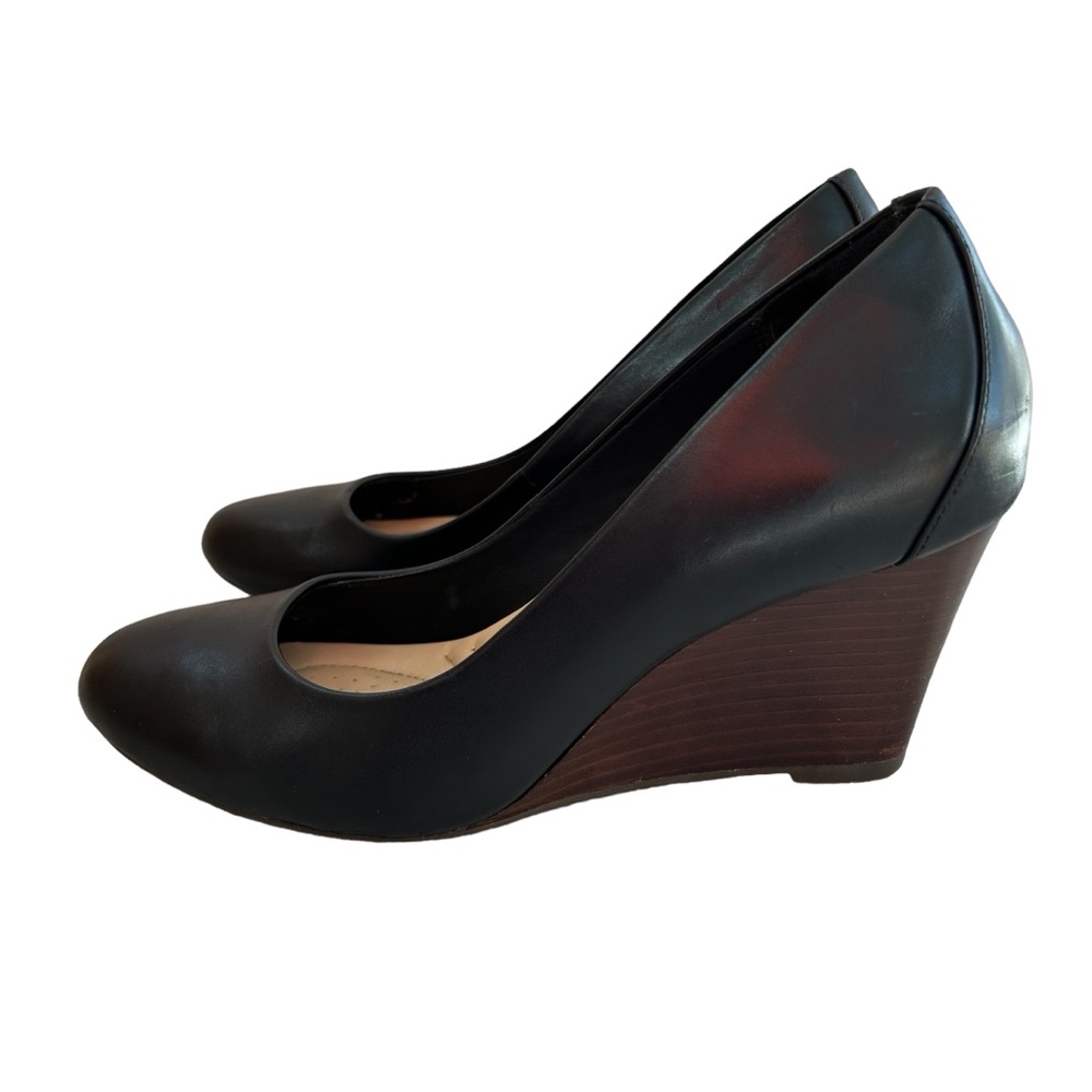 CLARKS Black Leather Wedge Heel Shoes 8.5